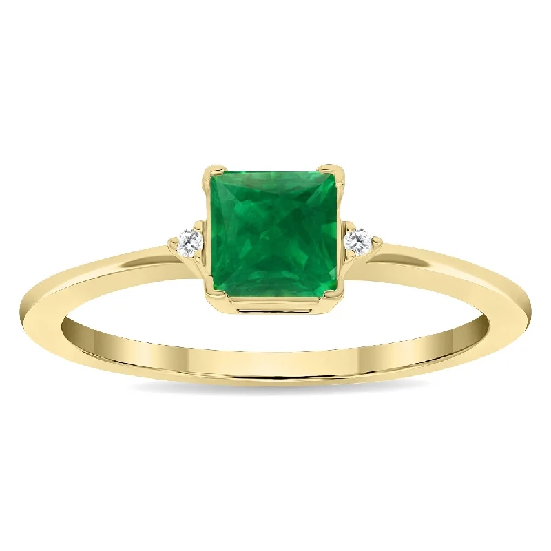 Gemstone rings featuring agate for banded stone beauty -Women's Square Shaped Emerald and Diamond Classic Band in 10K Yellow Gold