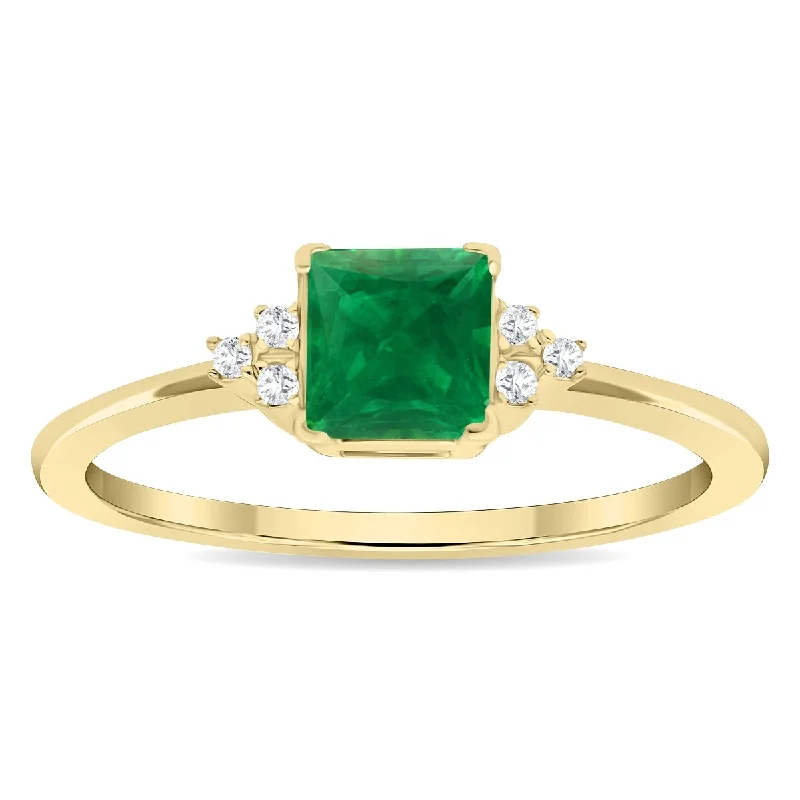 Gemstone rings with slim bands for light wear -Women's Square Shaped Emerald and Diamond Half Moon Ring in 10K Yellow Gold