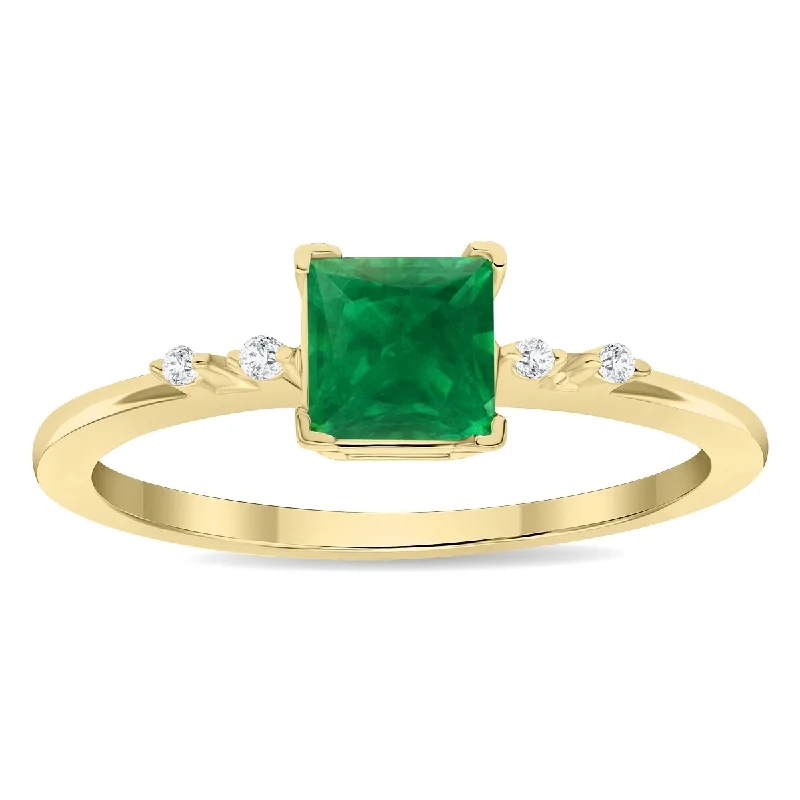 Bold gemstone rings designed for finger impact -Women's Square Shaped Emerald and Diamond Sparkle Ring in 10K Yellow Gold