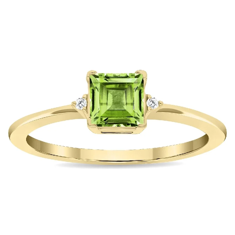 Light gemstone rings ideal for daily comfort -Women's Square Shaped Peridot and Diamond Classic Band in 10K Yellow Gold