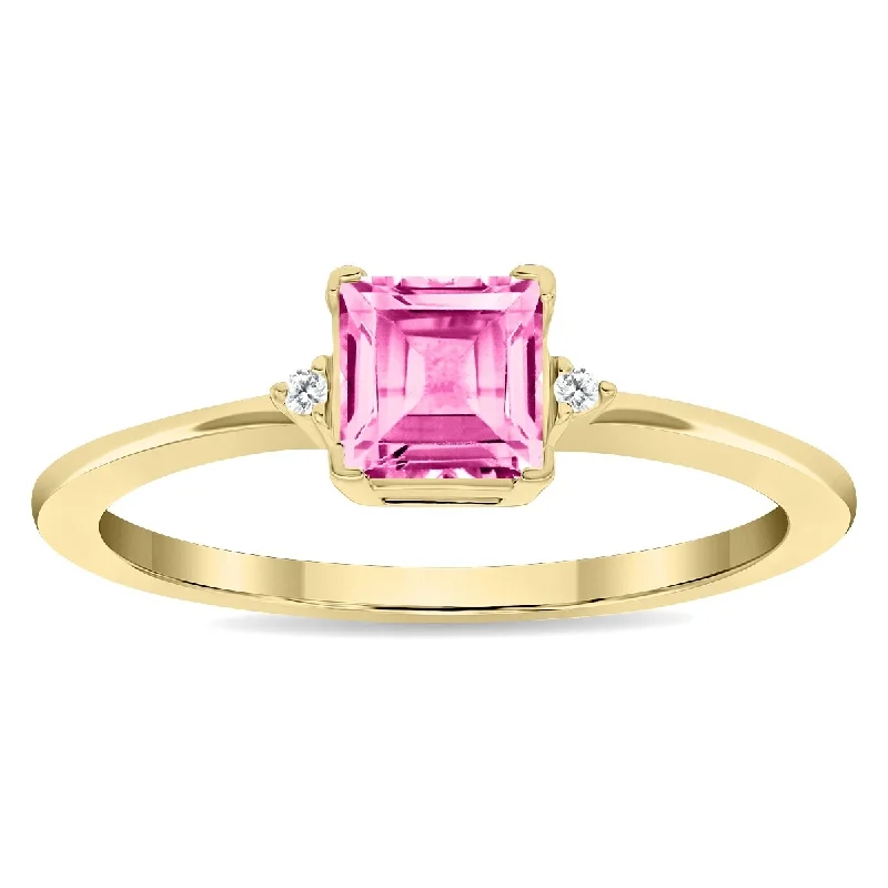 Gemstone rings featuring peridot for fresh green glow -Women's Square Shaped Pink Topaz and Diamond Classic Band in 10K Yellow Gold