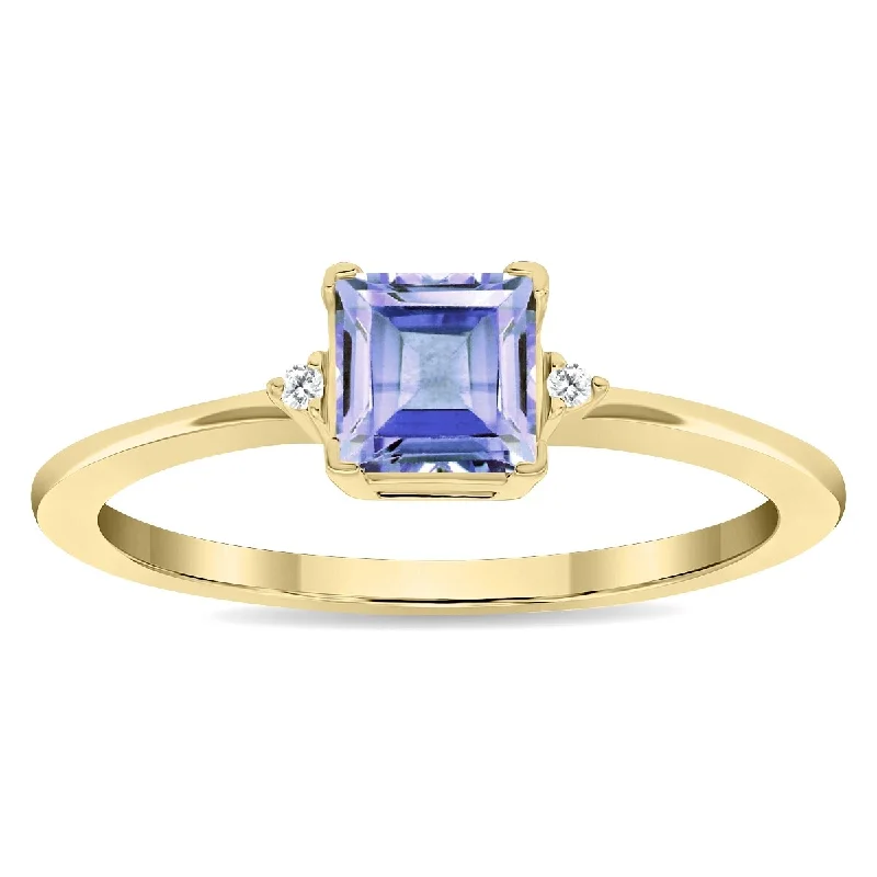 Gothic gemstone rings with dark stone vibes -Women's Square Shaped Tanzanite and Diamond Classic Band in 10K Yellow Gold