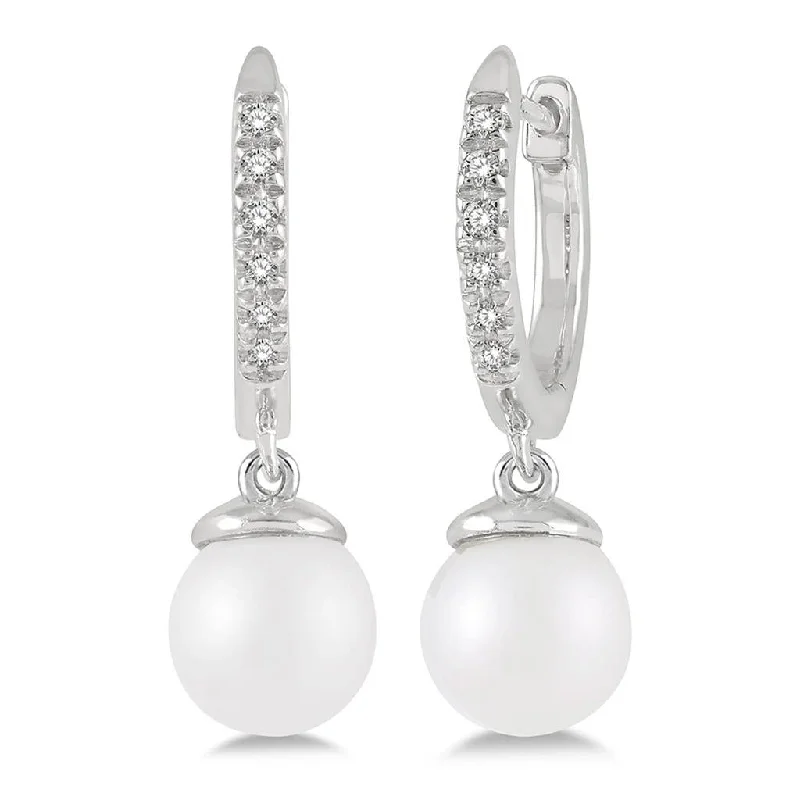 Romantic Drop Earrings for Loving-Romantic Drop Earrings for Loving-10K White Gold Pearl And Diamond Huggie Drop Earrings