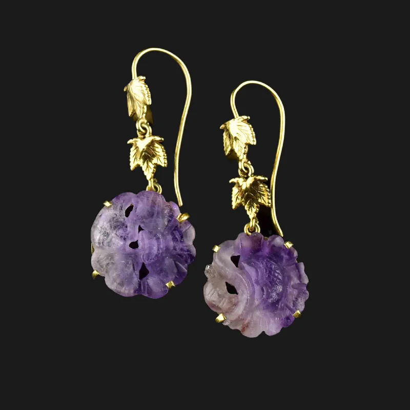 Citrine Drop Earrings for Cheerful-Citrine Drop Earrings for Cheerful-14K Gold Maple Leaf Carved Amethyst Drop Earrings