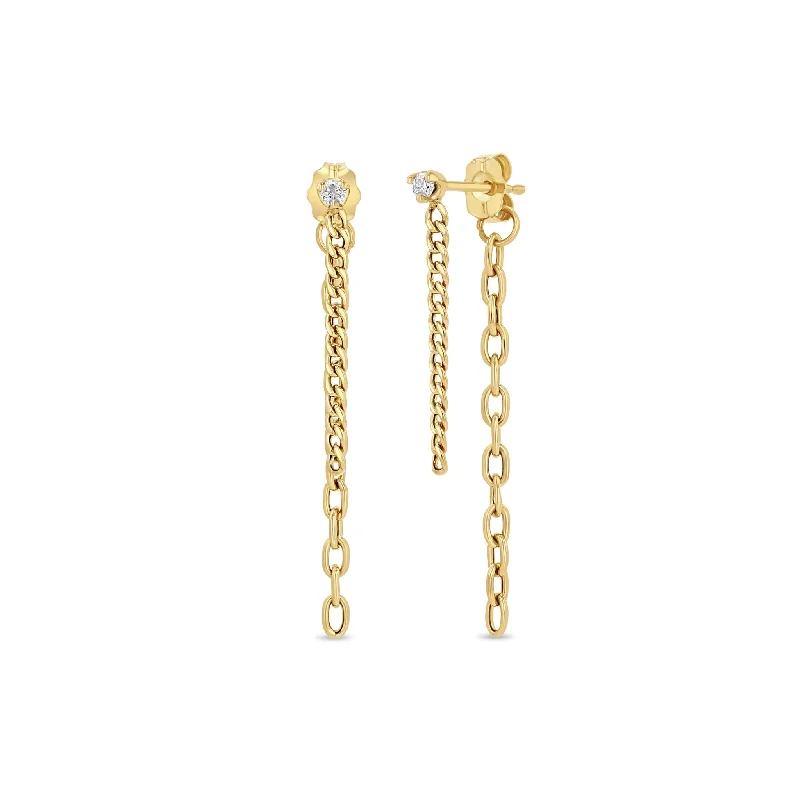 Detachable Drop Earrings for Versatile-Detachable Drop Earrings for Versatile-14k Prong Diamond Mixed Chain Double Drop Earrings