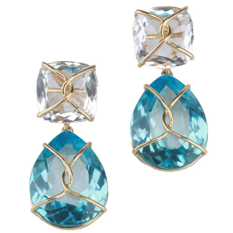 Structured Drop Earrings for Orderly-Structured Drop Earrings for Orderly-18kt Yellow gold Wrapped Drop Earrings with Rock Crystal and Blue Topaz