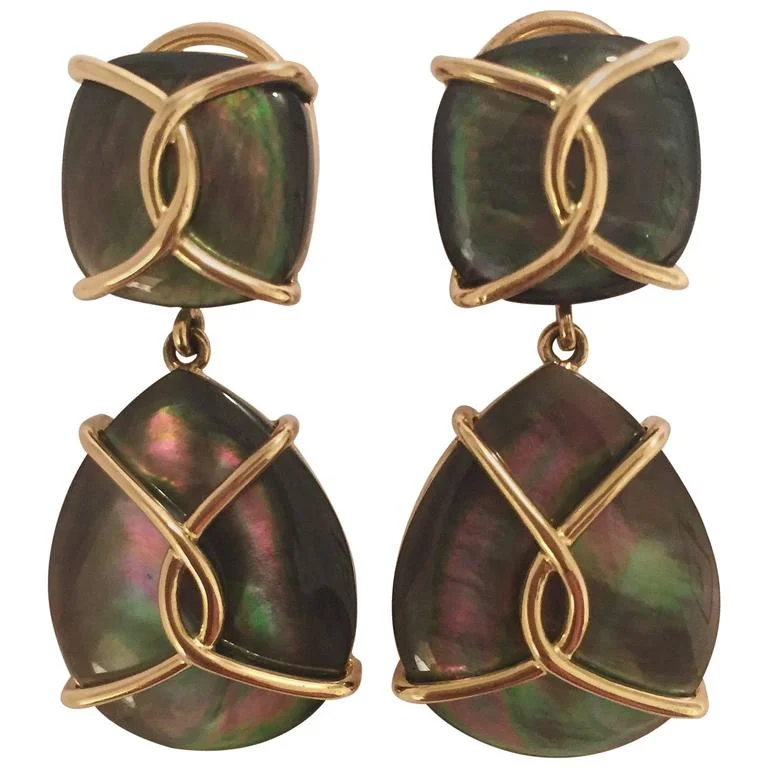 Twisted Drop Earrings for Stylish-Twisted Drop Earrings for Stylish-18kt Yellow Gold Abalone Cushion and pear shaped Drop Earrings with Twisted Gold Detail