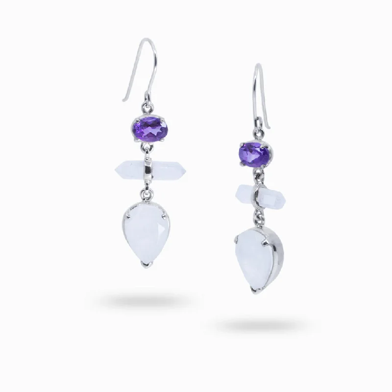 Woven Drop Earrings for Artistic-Woven Drop Earrings for Artistic-Amethyst, Laser Quartz, & Rainbow Moonstone Drop Earrings