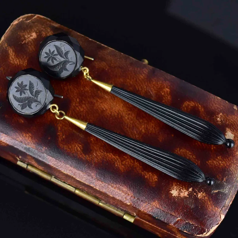 Infinity Drop Earrings for Eternal-Infinity Drop Earrings for Eternal-Antique Carved Whitby Jet French Jet Mourning Drop Earrings