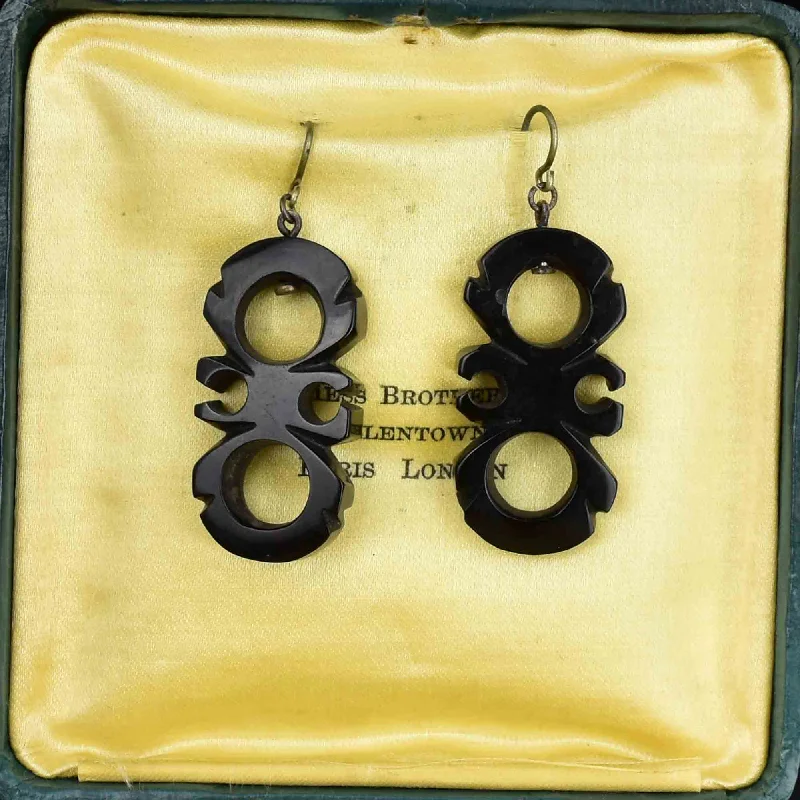 Beach Drop Earrings for Relaxed-Beach Drop Earrings for Relaxed-Antique Victorian Carved Whitby Jet Geometric Drop Earrings