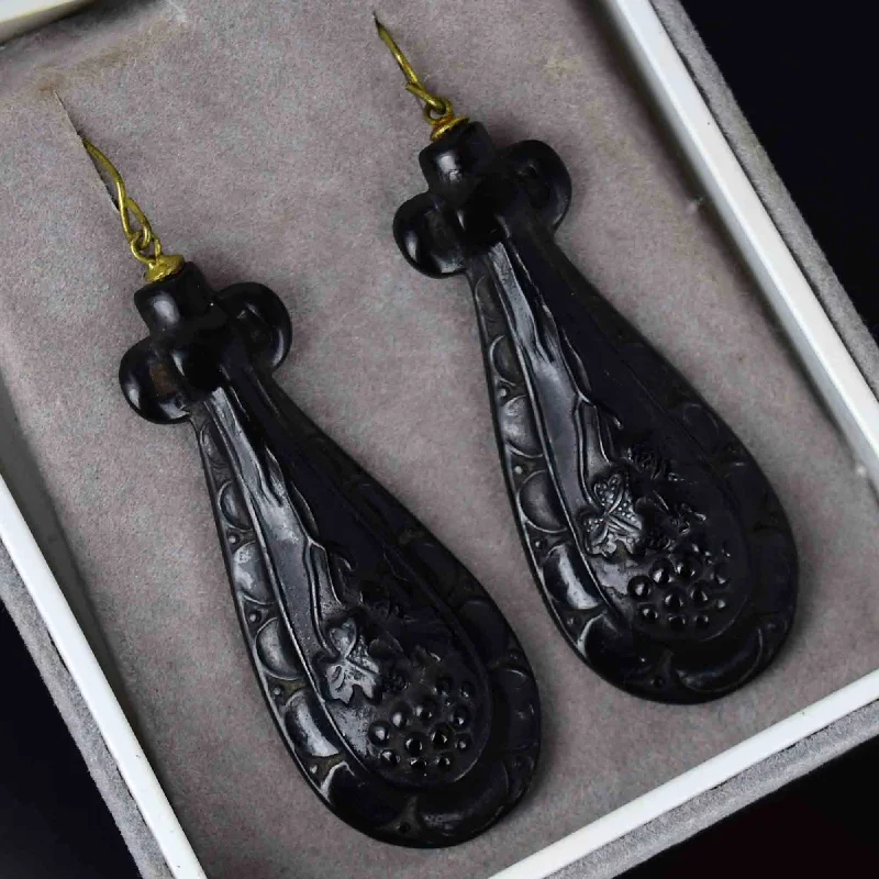 Detachable Drop Earrings for Versatile-Detachable Drop Earrings for Versatile-Antique Victorian Grapevine Carved Whitby Jet Drop Earrings