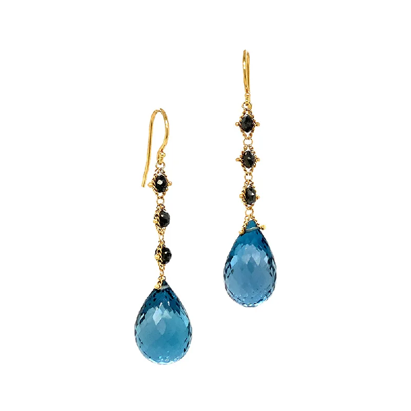 Sapphire Drop Earrings for Sophisticated-Sapphire Drop Earrings for Sophisticated-Blue Topaz & Diamond Rondelle Drop Earrings - "London Rain"