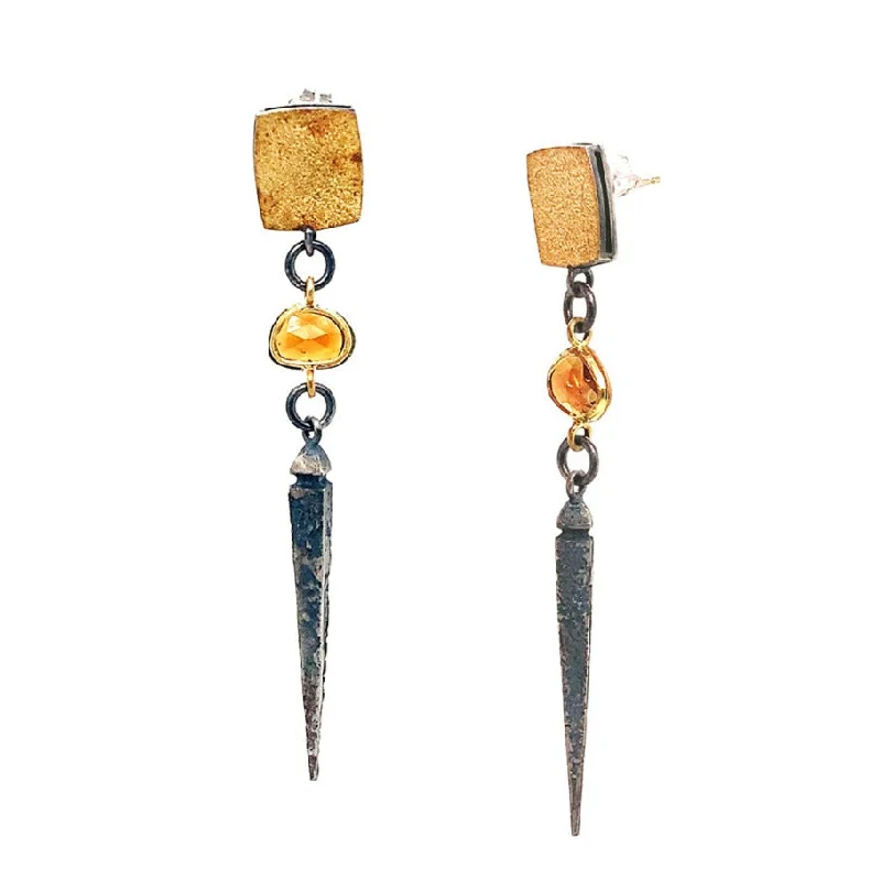 Modern Drop Earrings for Contemporary-Modern Drop Earrings for Contemporary-Freeform Rose Cut Citrine Drop Earrings - "Vetus Sunshine"