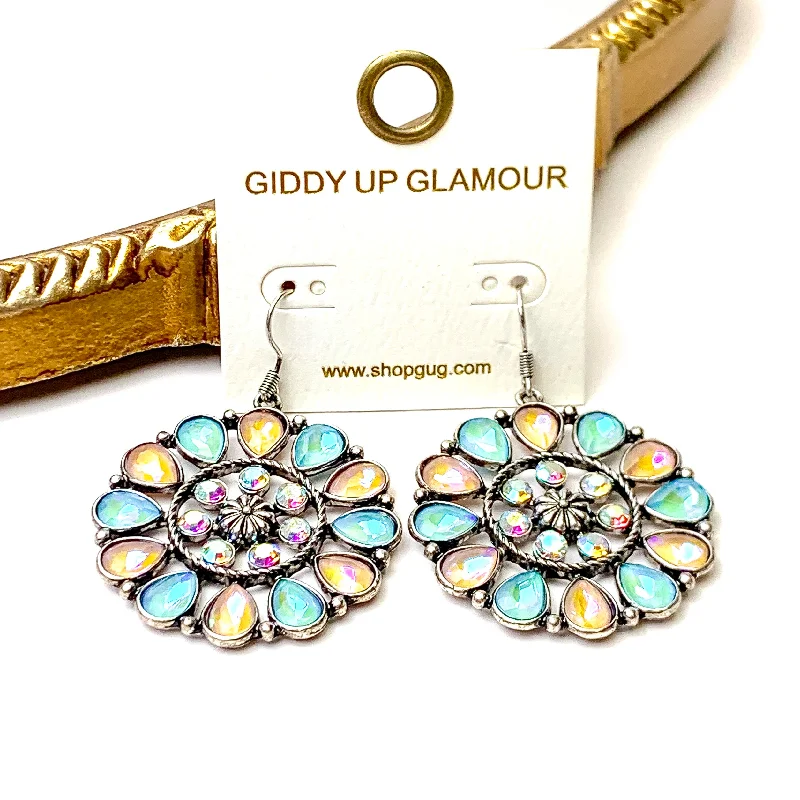 Designer Drop Earrings for High-End-Designer Drop Earrings for High-End-Desert Daisy Silver Tone Flower Concho Drop Earrings in Light Pink and Turquoise