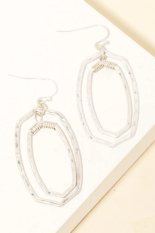 Patterned Drop Earrings for Interest-Patterned Drop Earrings for Interest-Double Metallic Silver Oval Drop Earrings