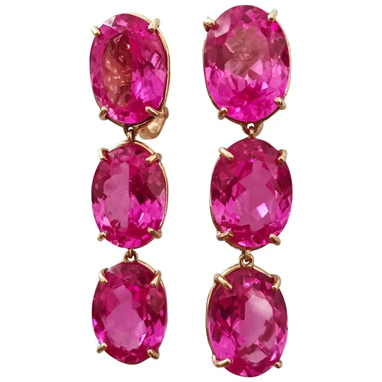 Square Drop Earrings for Modern-Square Drop Earrings for Modern-Elegant Three-Stone Drop Earrings with Pink Topaz