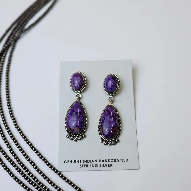 Colorful Drop Earrings for Vivid-Colorful Drop Earrings for Vivid-Elouise Kee | Navajo Handmade Sterling Silver & Charoite Drop Earrings