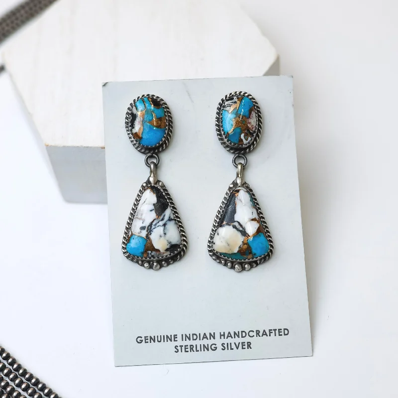 Gemstone Drop Earrings for Colorful-Gemstone Drop Earrings for Colorful-Elouise Kee | Navajo Handmade Sterling Silver Remix White Buffalo and Turquoise Drop Earrings