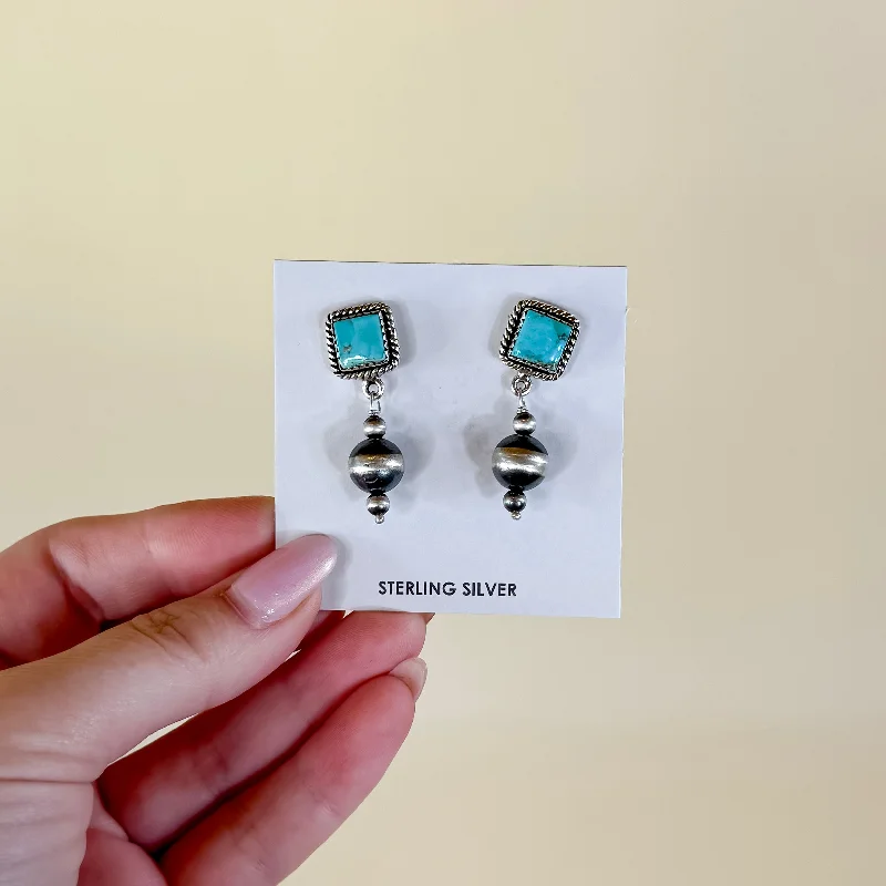 Patterned Drop Earrings for Interest-Patterned Drop Earrings for Interest-Hada Collection | Handmade Sterling Silver Kingman Turquoise and Navajo Pearl Drop Earrings