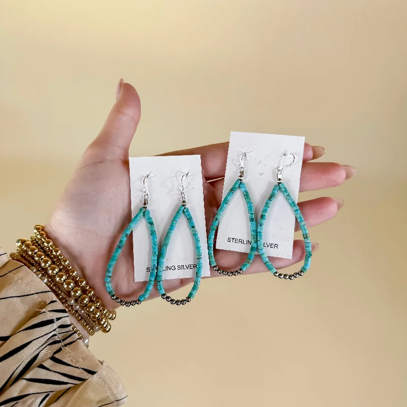 Star-Shaped Drop Earrings for Whimsical-Star-Shaped Drop Earrings for Whimsical-Corraine Smith | Navajo Handmade Turquoise Beaded Teardrop Earrings with Sterling Silver Navajo Pearls