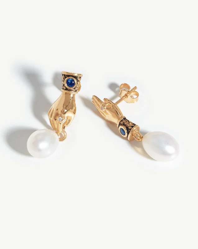 Padded Drop Earrings for Ear-Padded Drop Earrings for Ear-Harris Reed Fine Handpicked Drop Earrings | 14ct Solid Gold/Pearl & Blue Sapphire