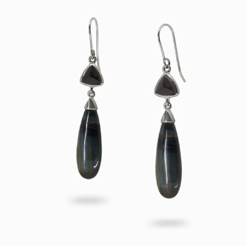 Pearl Drop Earrings for Elegant Look-Pearl Drop Earrings for Elegant Look-Hawks Eye and Black Tourmaline Drop Earrings