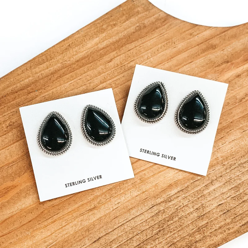 Retro Drop Earrings for Old-School-Retro Drop Earrings for Old-School-Judith Dixon | Navajo Handmade Sterling Silver Teardrop Earrings with Black Onyx Stones