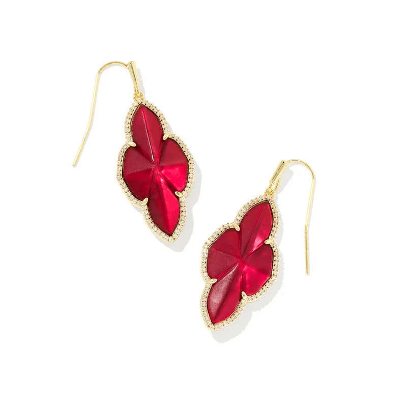 Coral Drop Earrings for Tropical-Coral Drop Earrings for Tropical-Kendra Scott | Abbie Pave Frame Gold Drop Earrings in Cranberry Red Illusion