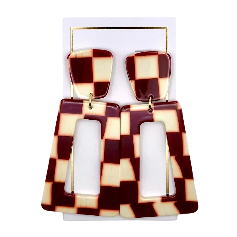 Statement Drop Earrings for Eye-Catching-Statement Drop Earrings for Eye-Catching-Linny Co | Kennedy Rectangular Drop Earrings in Maroon Checker