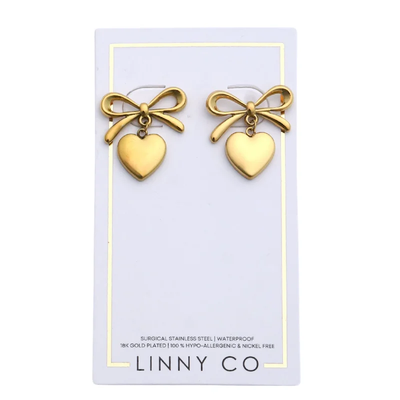 School Drop Earrings for Students-School Drop Earrings for Students-Linny Co | Ruthie Bow and Heart Drop Earrings in Gold