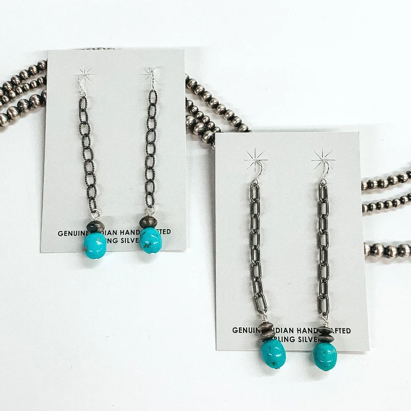 Onyx Drop Earrings for Bold-Onyx Drop Earrings for Bold-Mason Lee | Navajo Handmade Sterling Silver Chain Drop Earrings with Navajo Pearl Charm and Turquoise Stone