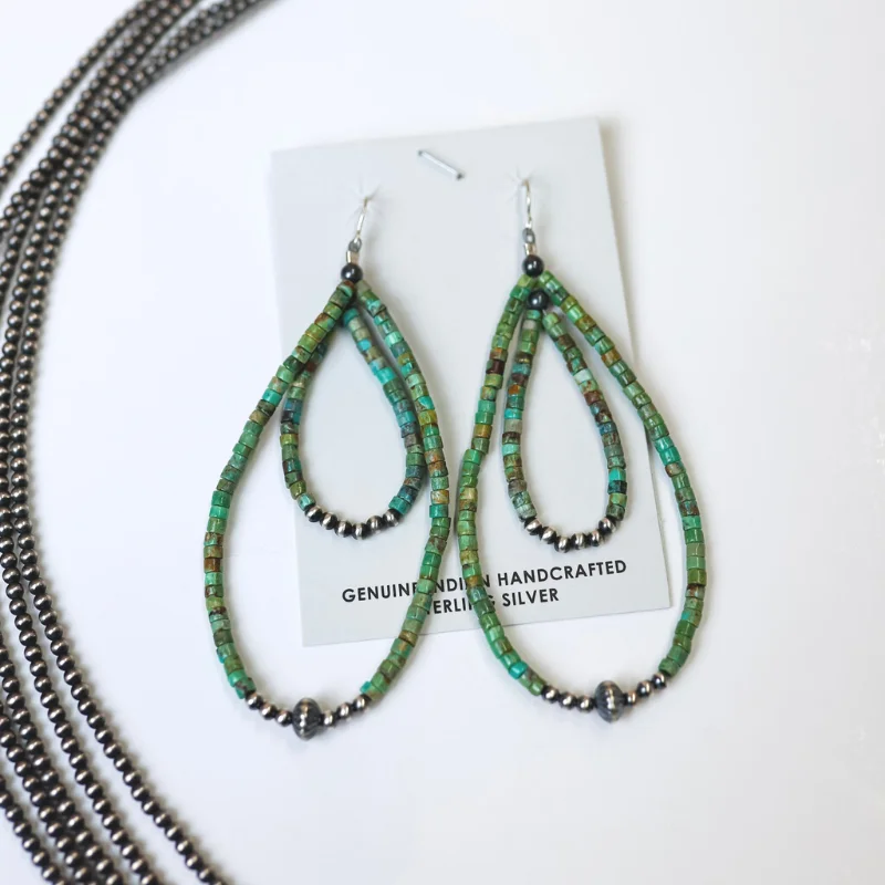 Jade Drop Earrings for Natural-Jade Drop Earrings for Natural-Navajo | Navajo Handmade Double Layered Turquoise Beaded Teardrop Earrings with Sterling Silver Navajo Pearls