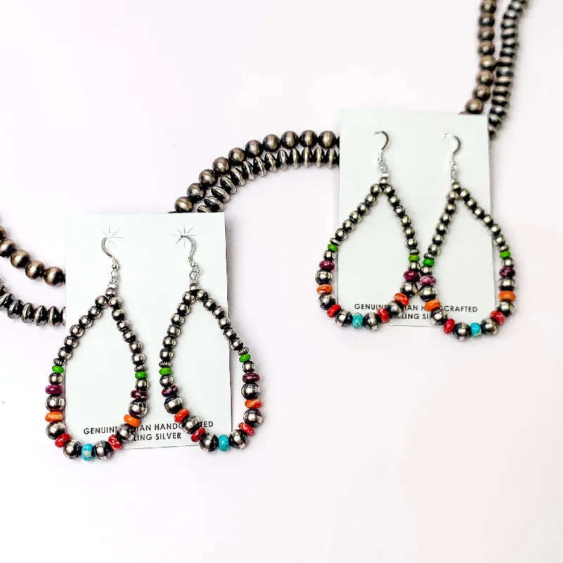 Casual Drop Earrings for Everyday-Casual Drop Earrings for Everyday-Navajo | Navajo Handmade Sterling Silver Navajo Pearl Teardrop Earrings with Green, Blue, Purple, and Orange Spacers