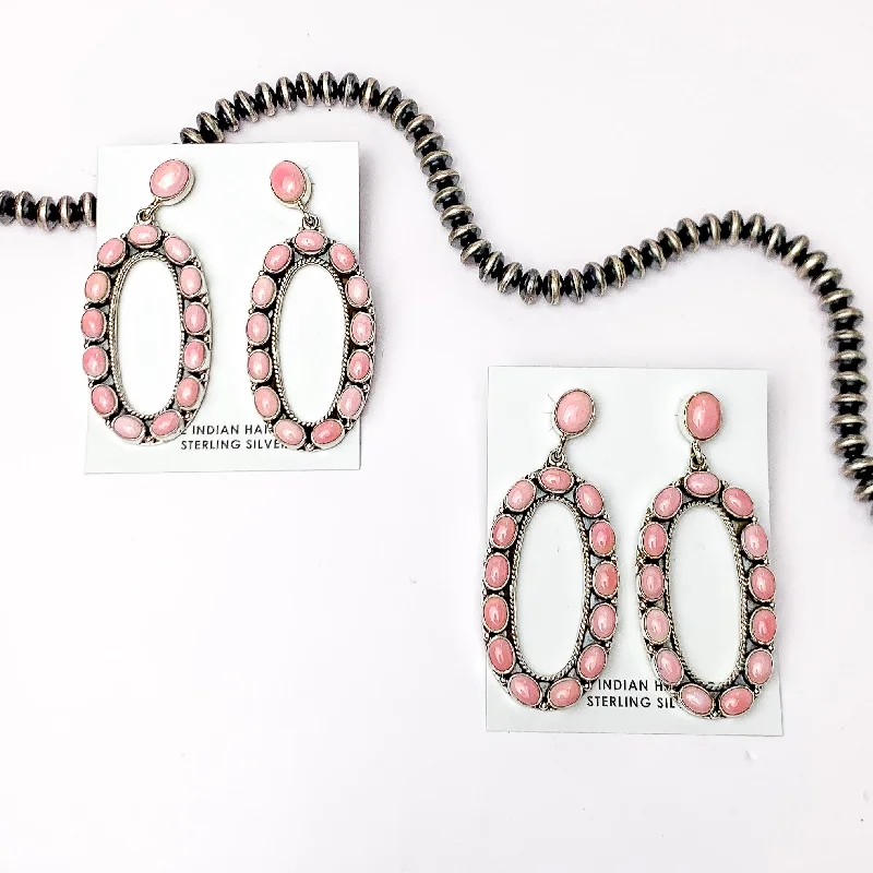 Woven Drop Earrings for Artistic-Woven Drop Earrings for Artistic-Navajo | Navajo Handmade Sterling Silver Oval Drop Earrings with Pink Conch Stones