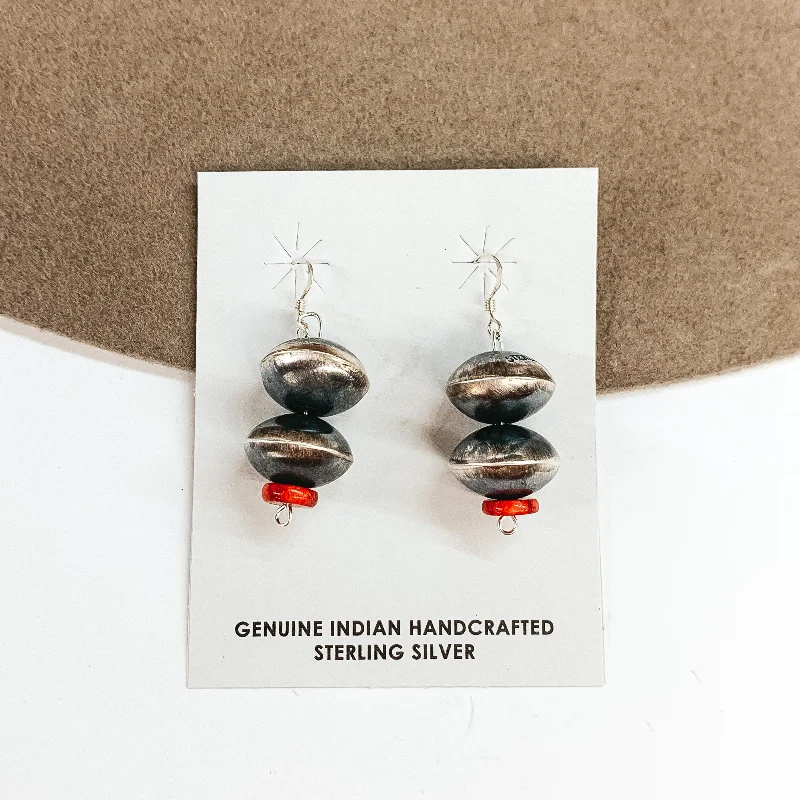 Detachable Drop Earrings for Versatile-Detachable Drop Earrings for Versatile-Navajo | Navajo Handmade Sterling Silver Saucer Navajo Pearl Drop Earrings with Red Coral Stones