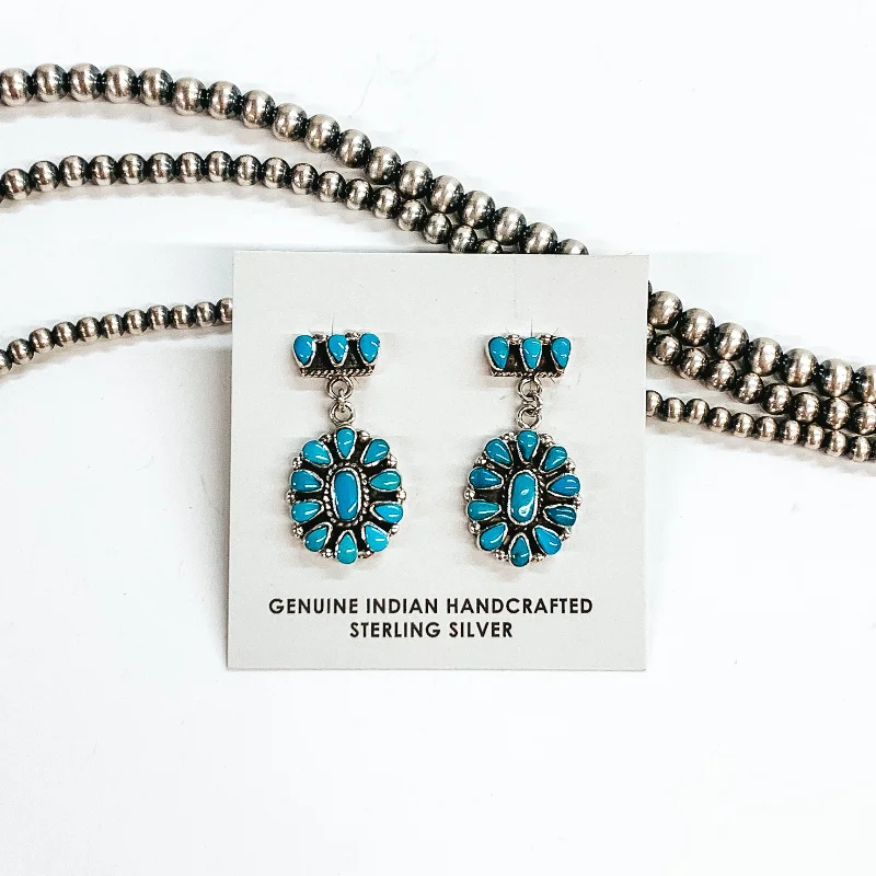 Statement-Making Drop Earrings for Impact-Statement-Making Drop Earrings for Impact-Pam Benally | Navajo Handmade Kingman Turquoise Cluster Drop Earrings on a Three Stone Post Back