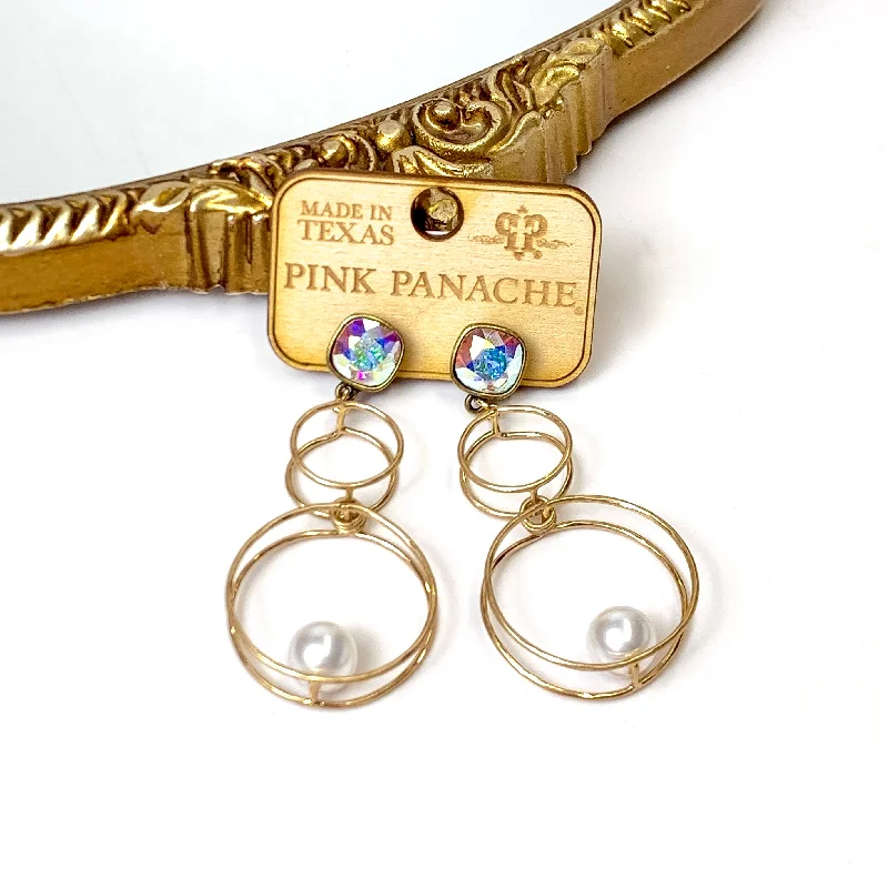 Sapphire Drop Earrings for Sophisticated-Sapphire Drop Earrings for Sophisticated-Pink Panache | Double Trouble Circle Drop Earrings with AB Cushion Cut Posts and Pearl Accents