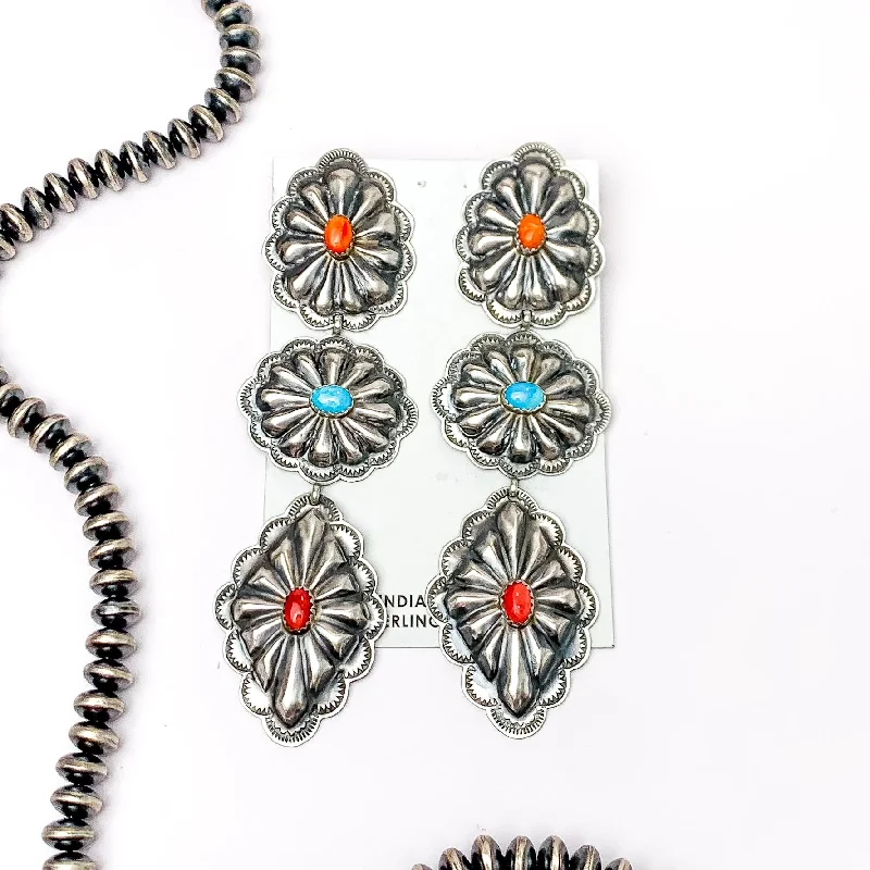 Twisted Drop Earrings for Stylish-Twisted Drop Earrings for Stylish-RL Begay | Navajo Handmade Sterling Silver Concho Drop Earrings with Turquoise Red, and Orange Stones