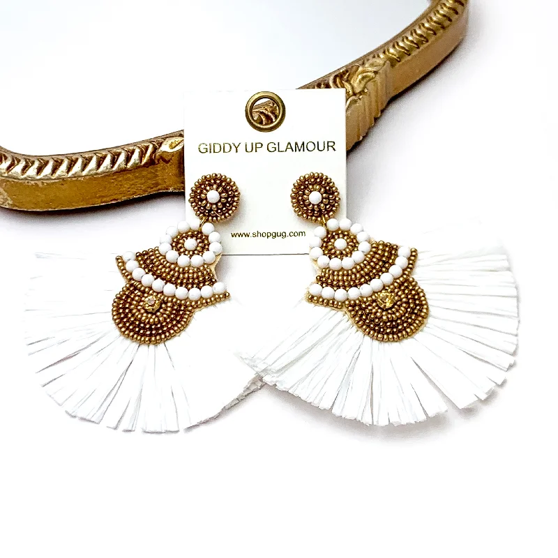 Cluster Drop Earrings for Dazzling-Cluster Drop Earrings for Dazzling-Seed Beaded Drop Earrings with Raffia Fringe in Gold and Ivory