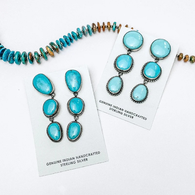 Free-Spirited Drop Earrings for Bohemian-Free-Spirited Drop Earrings for Bohemian-Sheryl Martinez | Navajo Handmade Sterling Silver Circle Drop Earrings with Three Kingman Turquoise Stones