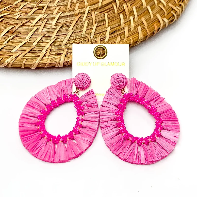 Woven Drop Earrings for Artistic-Woven Drop Earrings for Artistic-Siesta Sunsets Raffia Wrapped Open Teardrop Earrings in Fuchsia Pink