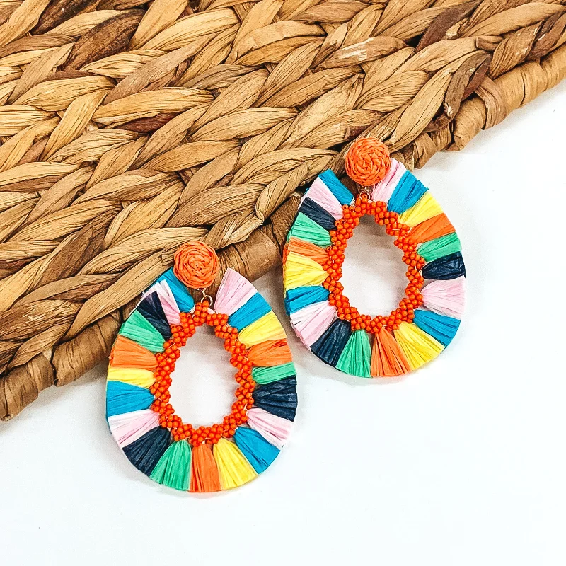 Party Drop Earrings for Glamorous-Party Drop Earrings for Glamorous-Siesta Sunsets Raffia Wrapped Open Teardrop Earrings in Multicolored