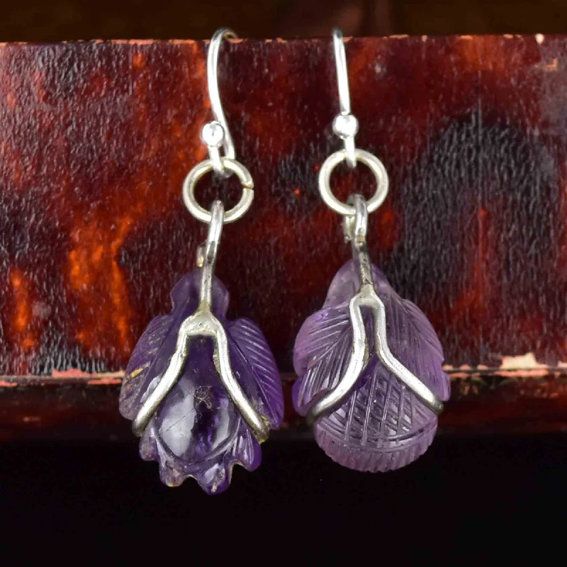 Engraved Drop Earrings for Personal-Engraved Drop Earrings for Personal-Silver Carved Amethyst Cabochon Bug Leaf Drop Earrings