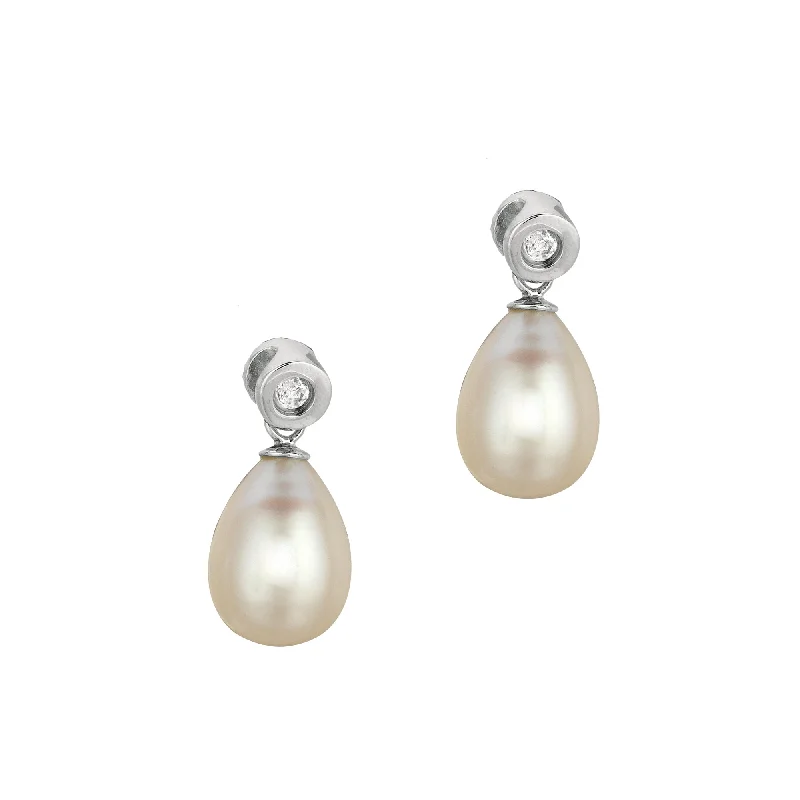 Diamond Drop Earrings for Sparkle-Diamond Drop Earrings for Sparkle-Silver Freshwater Pearl and Bezel Set CZ Drop Earrings