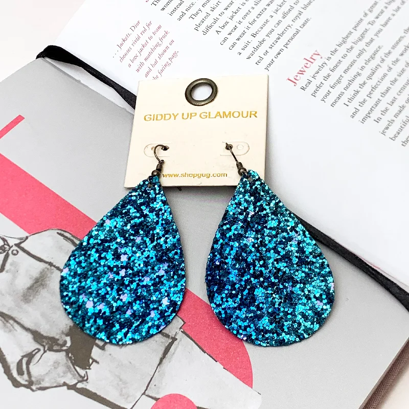 Vintage Drop Earrings for Nostalgic-Vintage Drop Earrings for Nostalgic-Teal Blue Glitter Teardrop Earrings