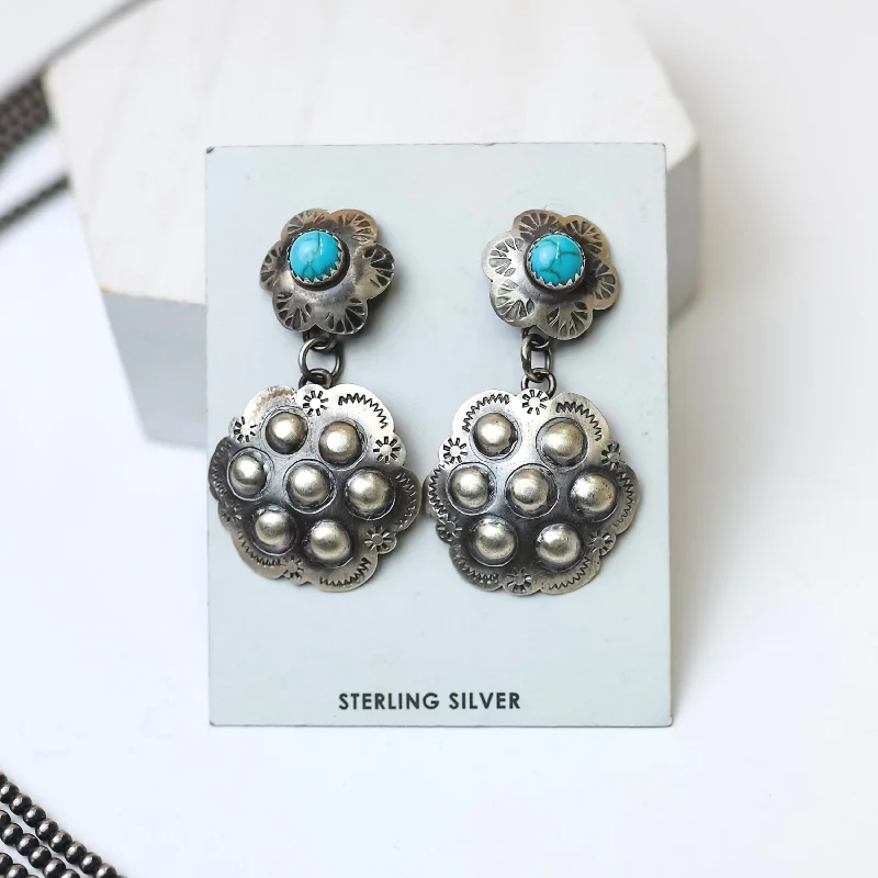 Simple Drop Earrings for Subtle-Simple Drop Earrings for Subtle-Tim Yazzie | Navajo Handmade Sterling Silver Flower Drop Earrings with Turquoise Studs