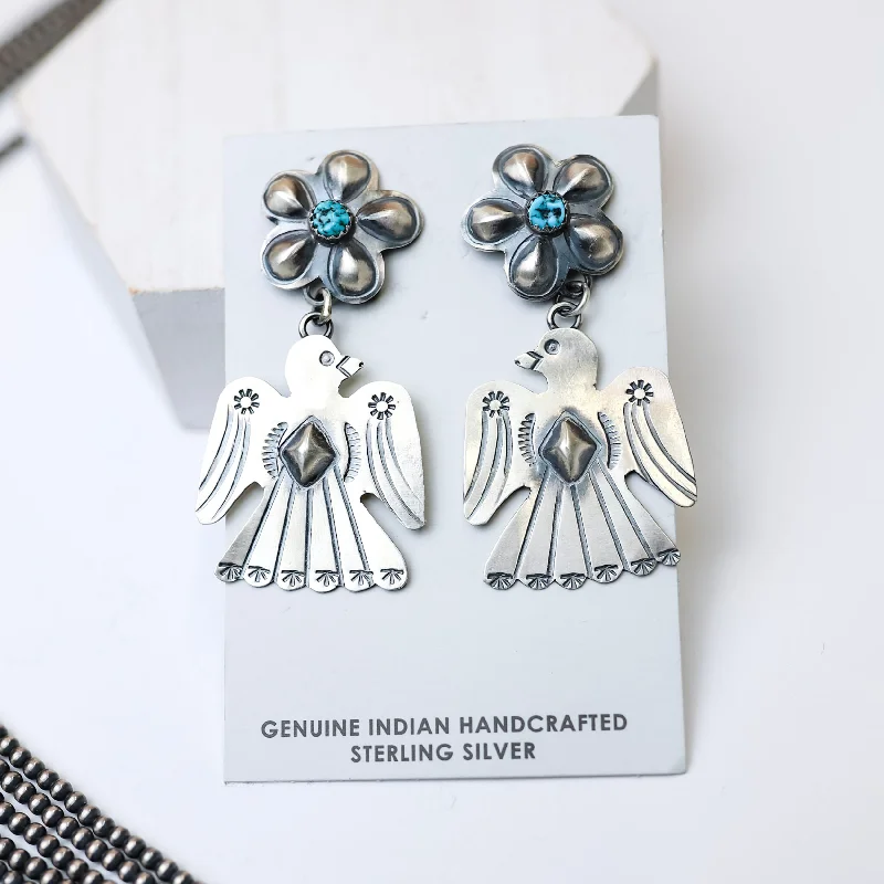 Vintage-Inspired Drop Earrings for Retro-Vintage-Inspired Drop Earrings for Retro-Tim Yazzie | Navajo Handmade Sterling Silver Flower Post Thunderbird Drop Earrings with Turquoise Stones