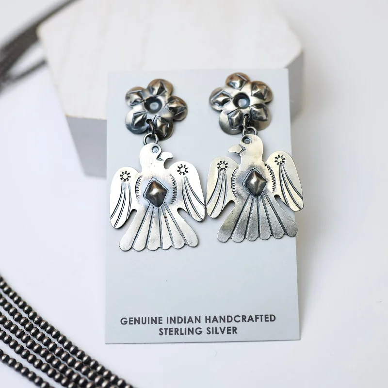 Free-Spirited Drop Earrings for Bohemian-Free-Spirited Drop Earrings for Bohemian-Tim Yazzie | Navajo Handmade Sterling Silver Flower Post Thunderbird Drop Earrings