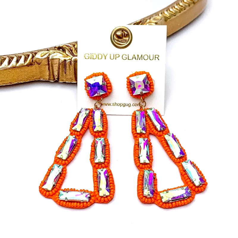 Floral Drop Earrings for Feminine-Floral Drop Earrings for Feminine-Vibrant Vistas Triangular Seed Bead Drop Earrings with AB Stones in Orange