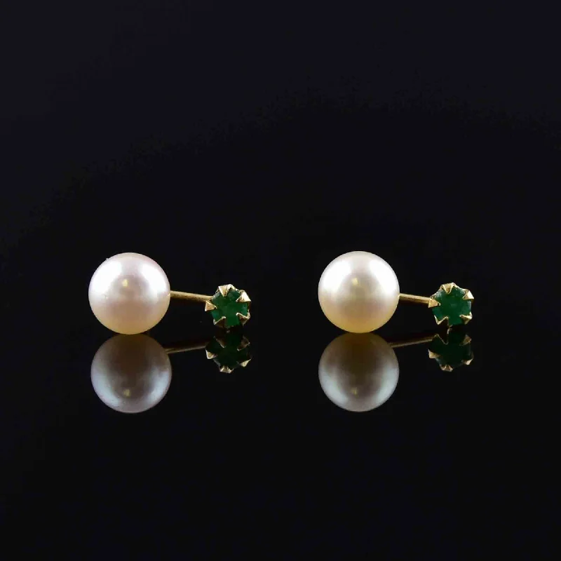 Mysterious Drop Earrings for Intriguing-Mysterious Drop Earrings for Intriguing-Vintage 14K Gold Emerald Pearl Stud Drop Earrings